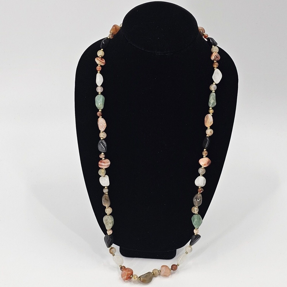 Vintage Semi Precious Gemstone Agate Necklace 35" Barrel Clasp Natural Stones